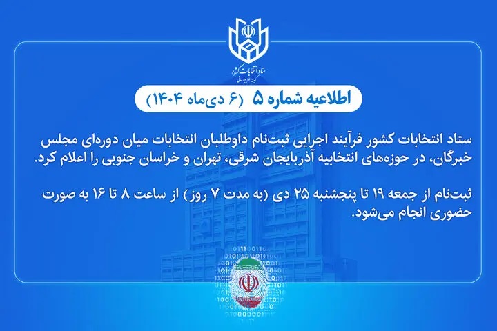 اعلام فرآیند اجرایی ثبت‌نام داوطلبان انتخابات میان دوره‌ای مجلس خبرگان